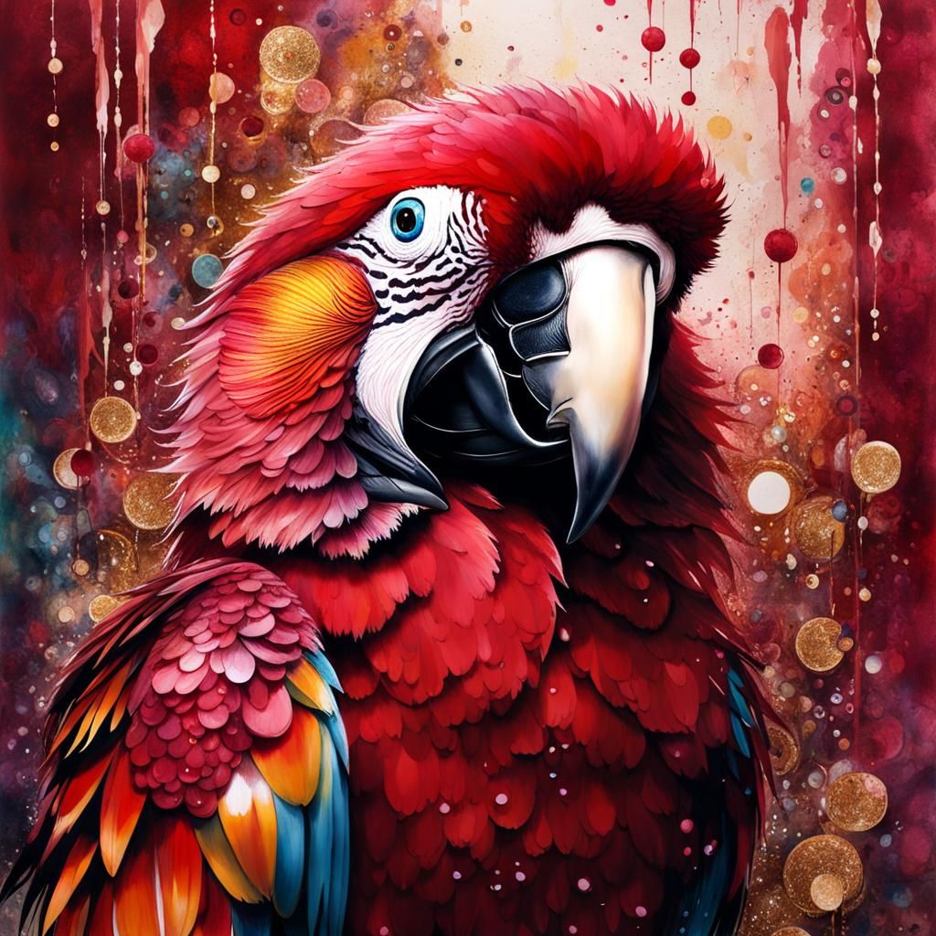 Glitter Parrot in Water, Klimt-Inspired Maximalism