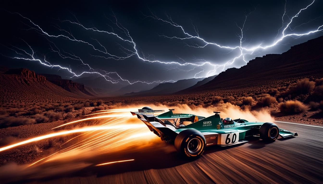 5 1970s formula one race cars, racing through a desert canyo...