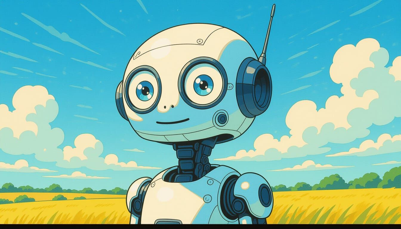 Cheerful Three-Eyed Android in Pastel Indigo Gouache Style