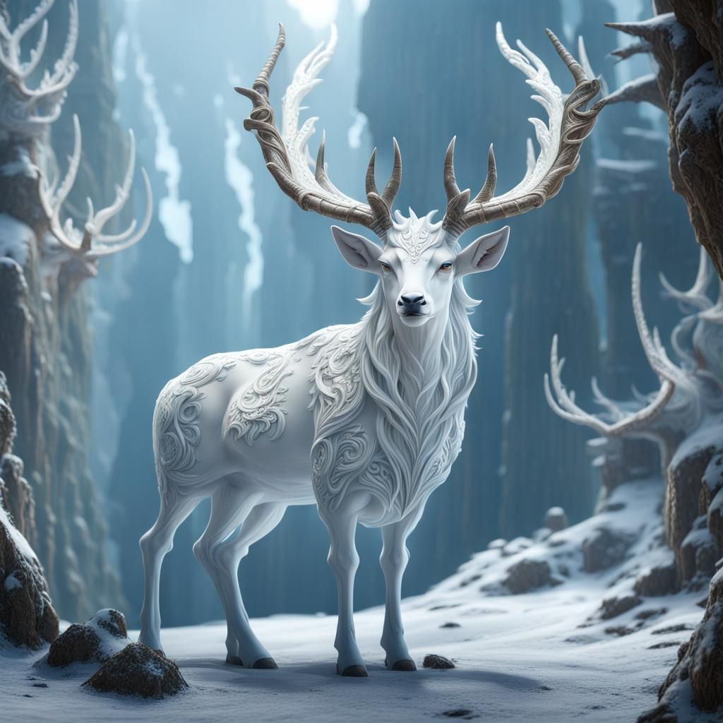 Majestic White Stag with Carved Horns
