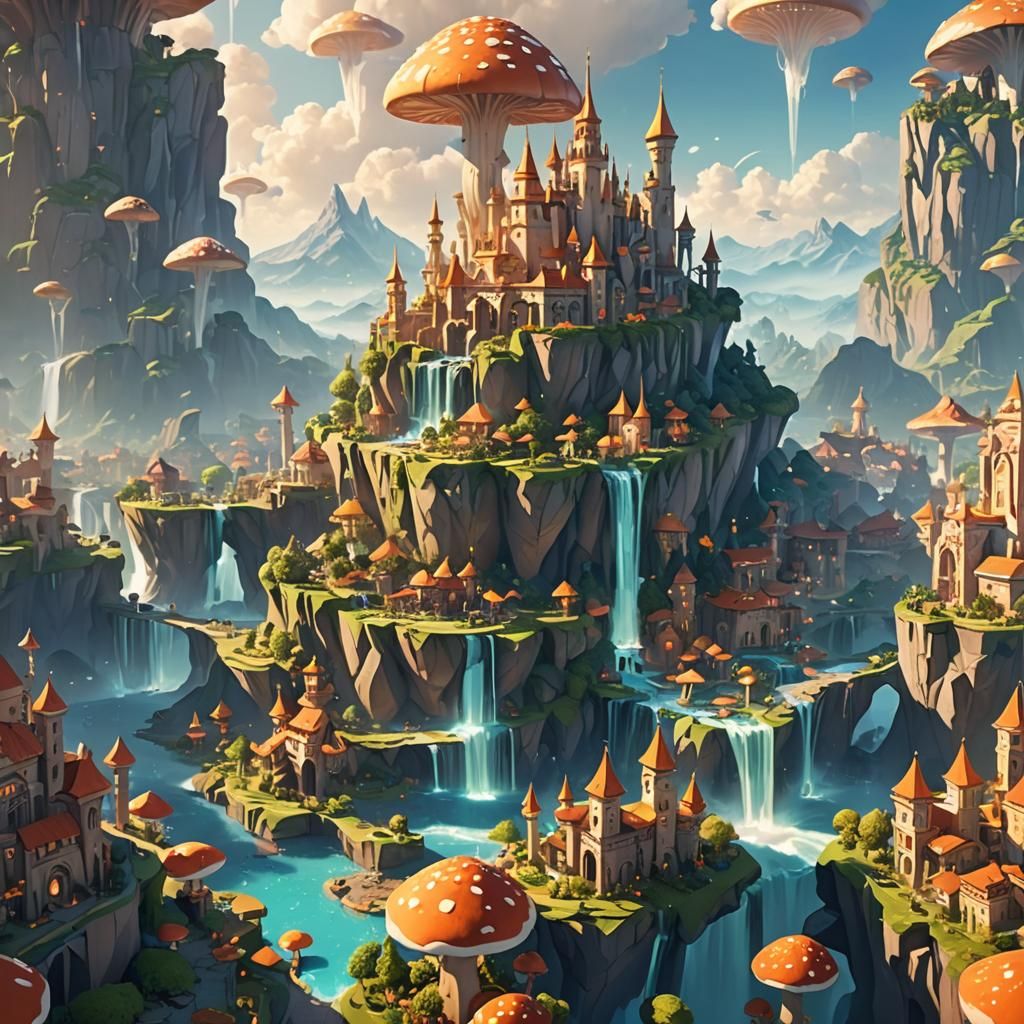 Floating Island City as Low-Poly Digital Art