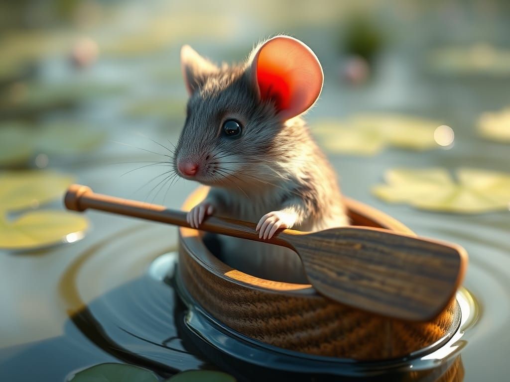 Fluffy Mouse in Serene Pond Scene, Textured Artwork
