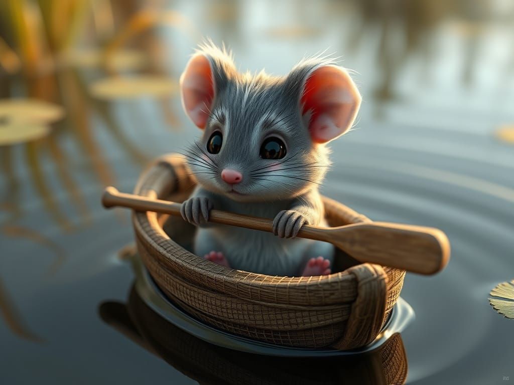 Whimsical Mouse in Serene Pond Scene, Textured Art