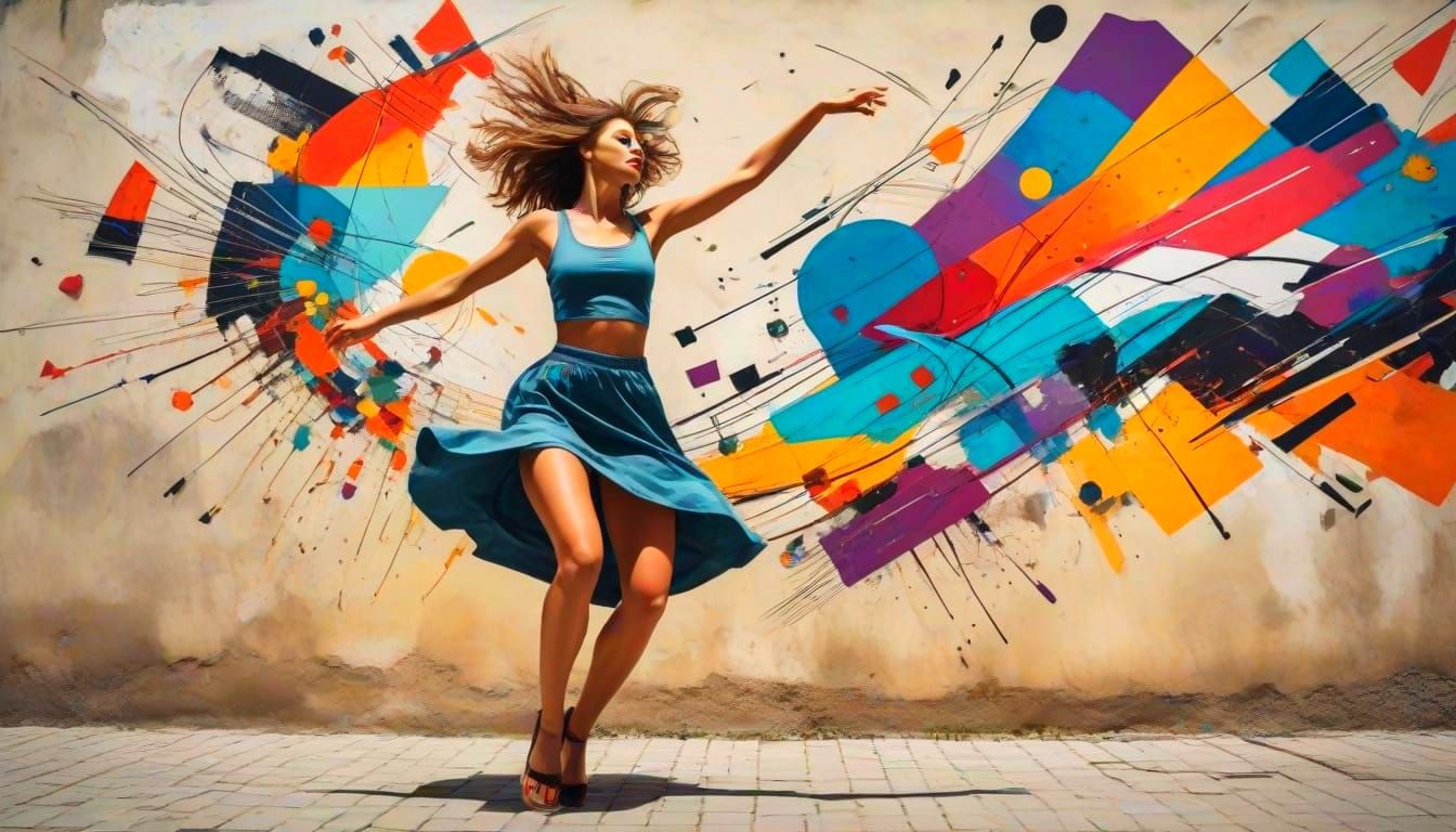 Woman Dancing Amidst a Vibrant Urban Landscape