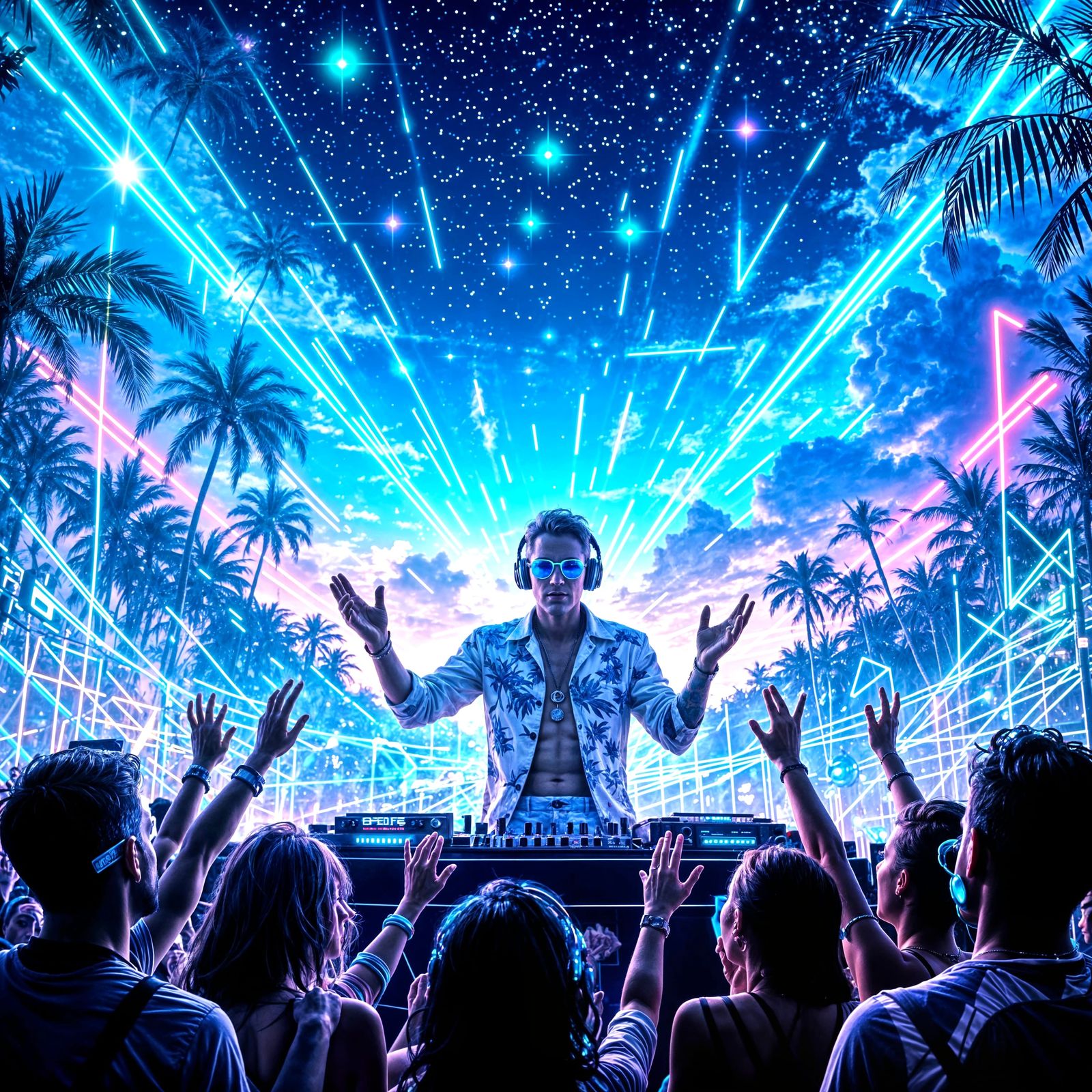 DJ Performing Under Neon Sapphire Sky in Futuristic Style