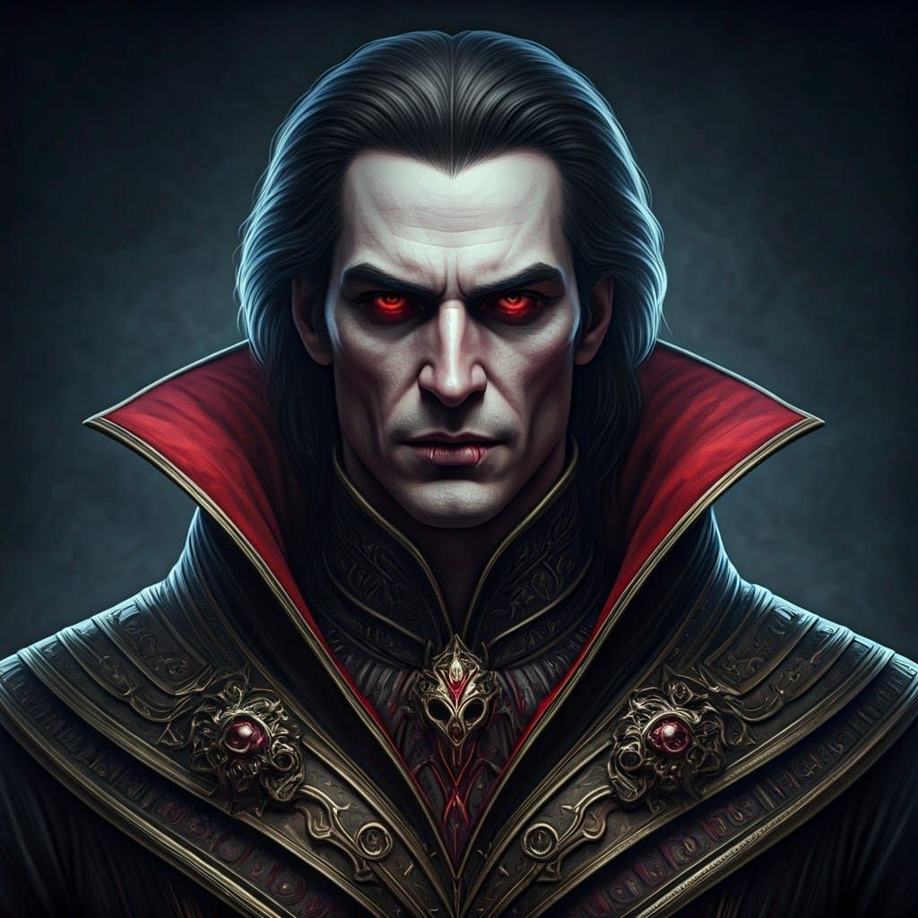 Regal Vampire Portrait in Ornate Attire, 8K Concept Art