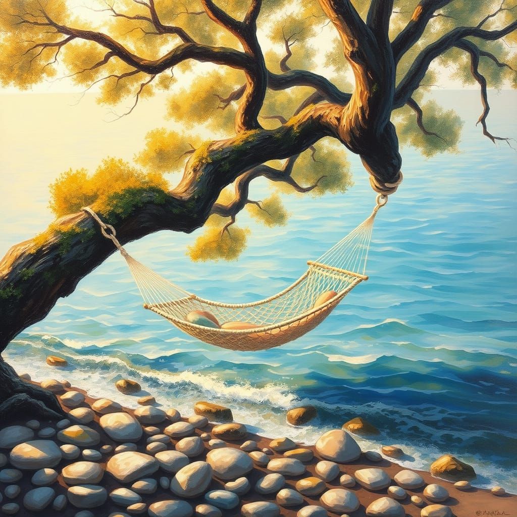 Tranquil Hidden Cove with Hammock in Impressionist Style