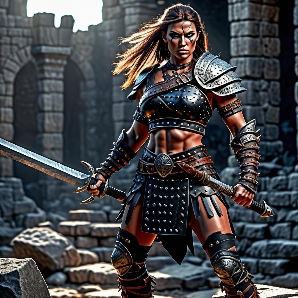 Female Barbarian with Great Sword on Ruins