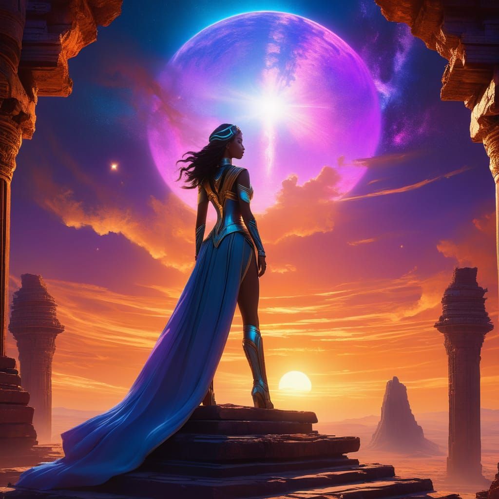 Ethereal Alien Princess on Ruined Temple Amidst Dazzling Neb...