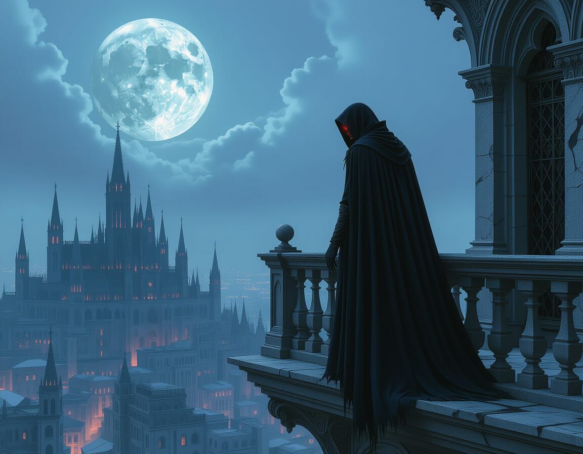 Ancient Vampire on Gothic Balcony Overlooking Moonlit City