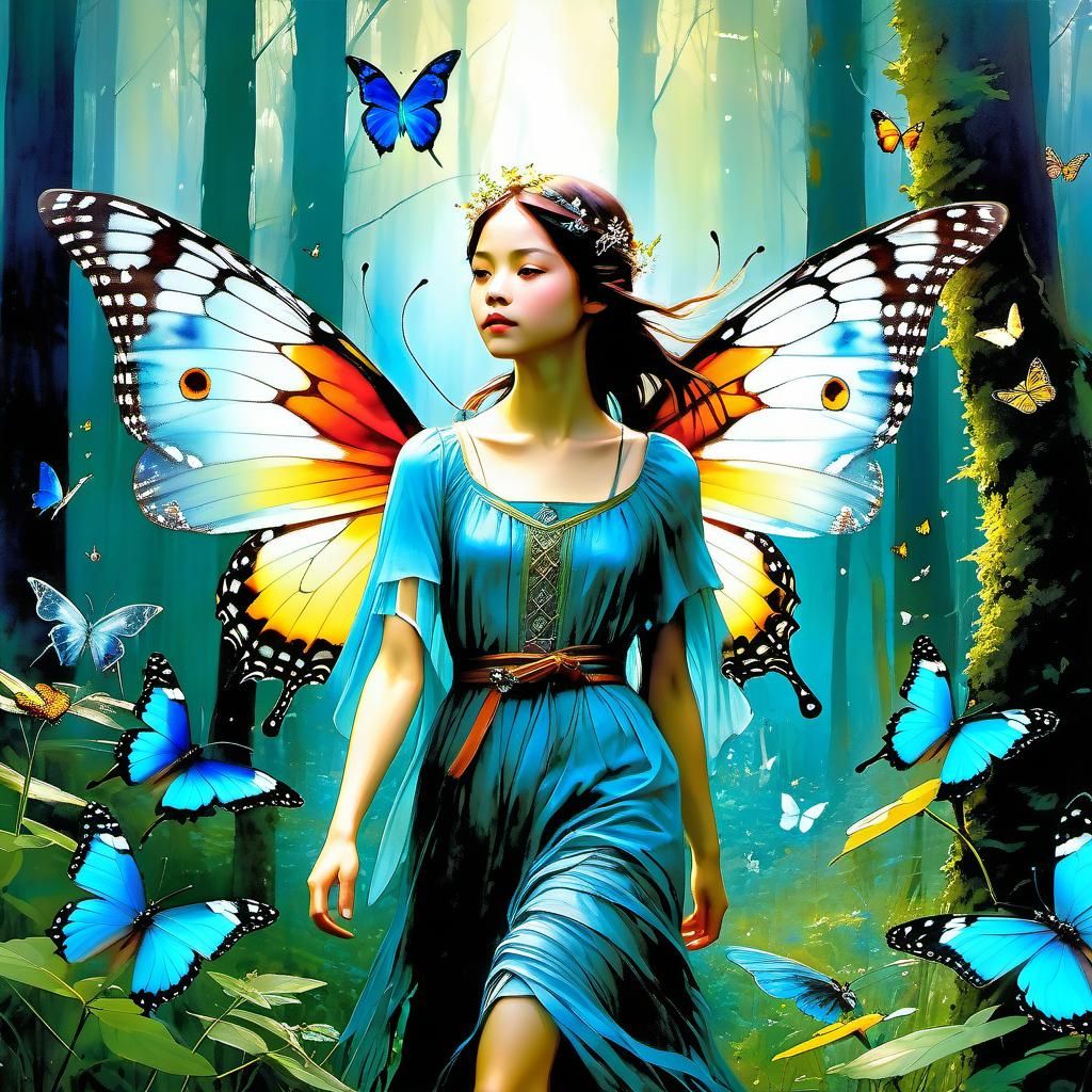 Enchanted Fairy Walking Butterflies in Mystical Woodland
