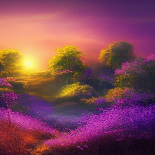 Violet Sunset Over Ancient Overgrown City