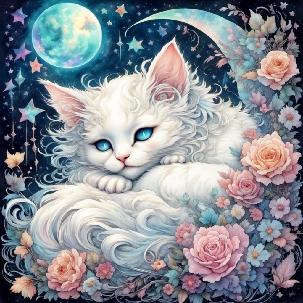Dreamy Kitten Sleeping Among Stars in Candy Art Style
