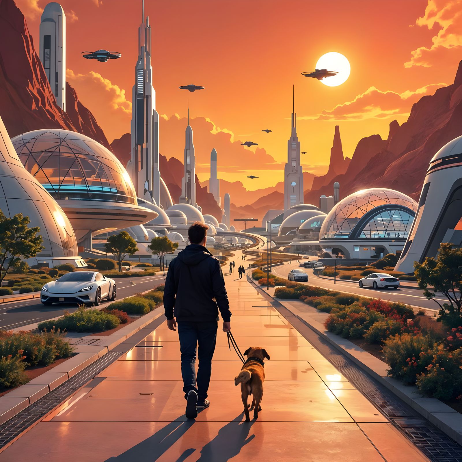 Elon Musk Walks Dog in Futuristic Martian Cityscape