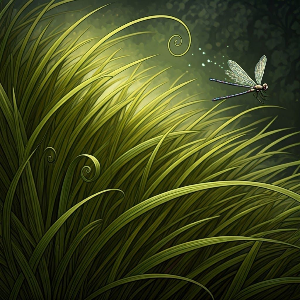 Dragonfly in Tall Grass, Arthur Rackham Style