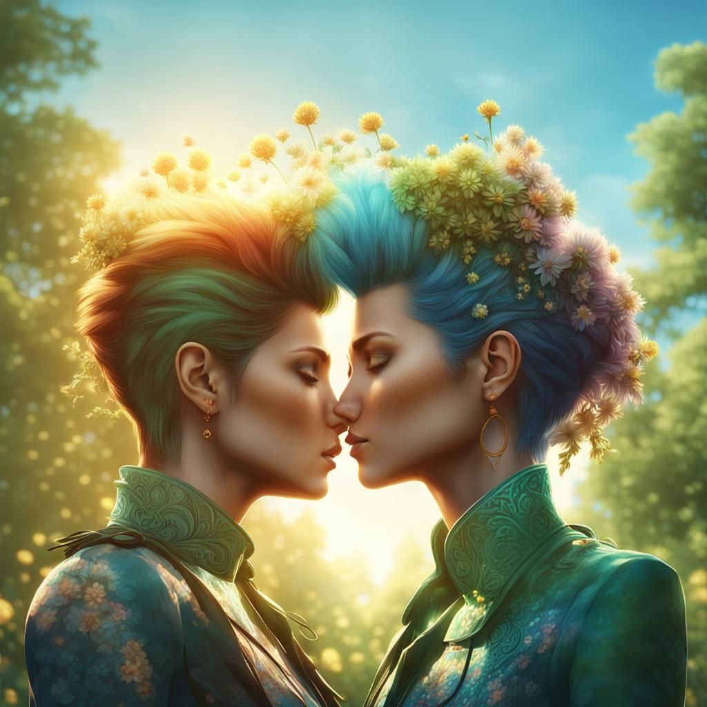Romantic Kiss in Park: Art Nouveau Concept Art