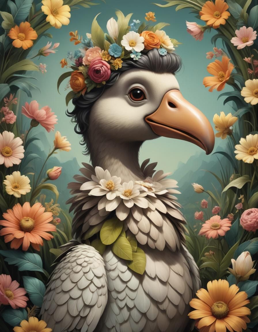 Art Deco Dodo Character with Floral Details