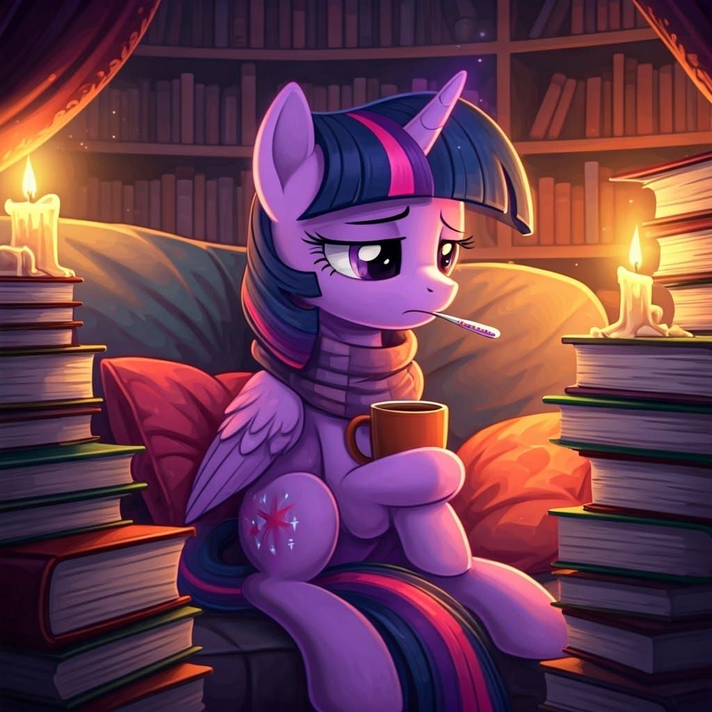 Twilight Sparkle Sick in Cozy Library, Pixar Style
