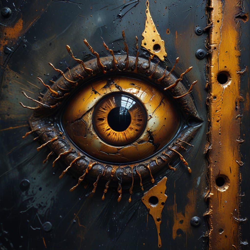 Surreal Eye Car Door with Larva in Oil Painting Style
