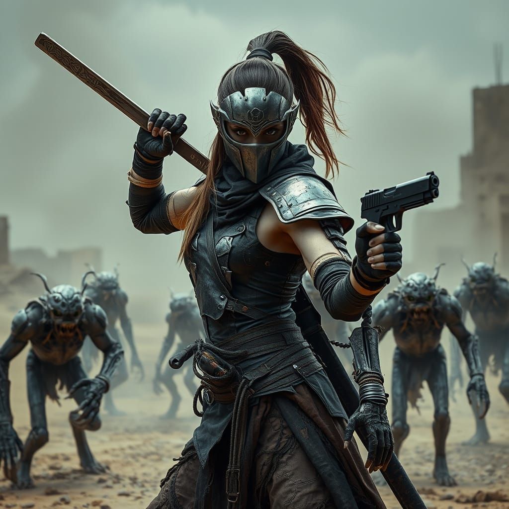 Fierce Warrior in Ravaged Cityscape, Ready for Combat