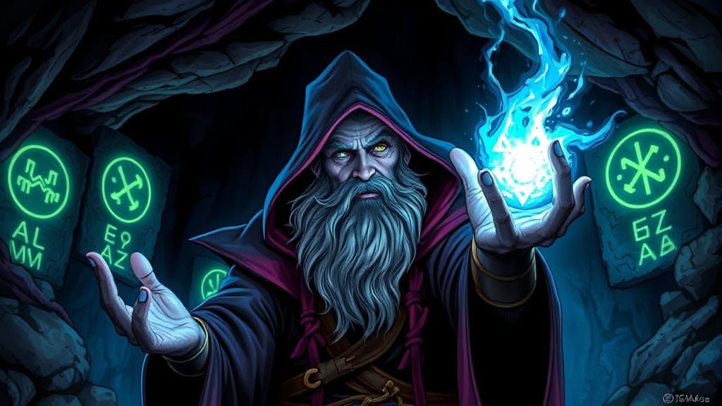 Sorcerer Casting Spell in Dark Cave: Comic Book Art