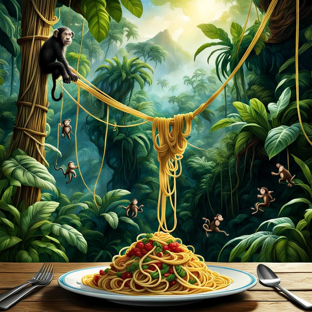 Monkeys Climb Spaghetti Vines in Jungle Scene