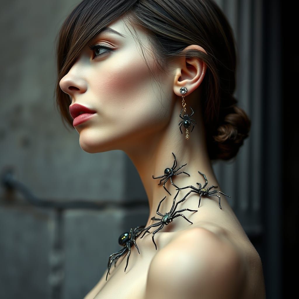 Woman in Metallic Spider Choker with Art Deco Elegance