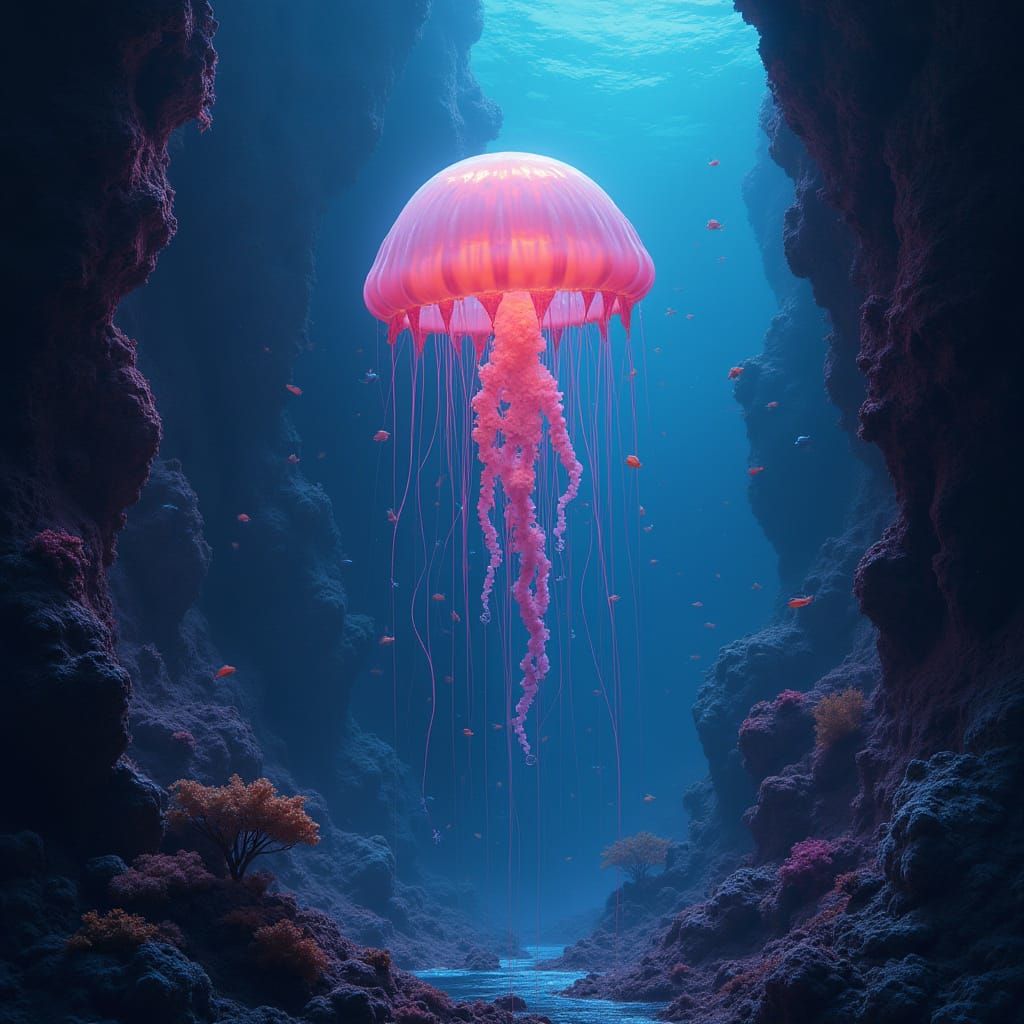 Bioluminescent Jellyfish in Deep-Sea Trench, Sci-Fi Art