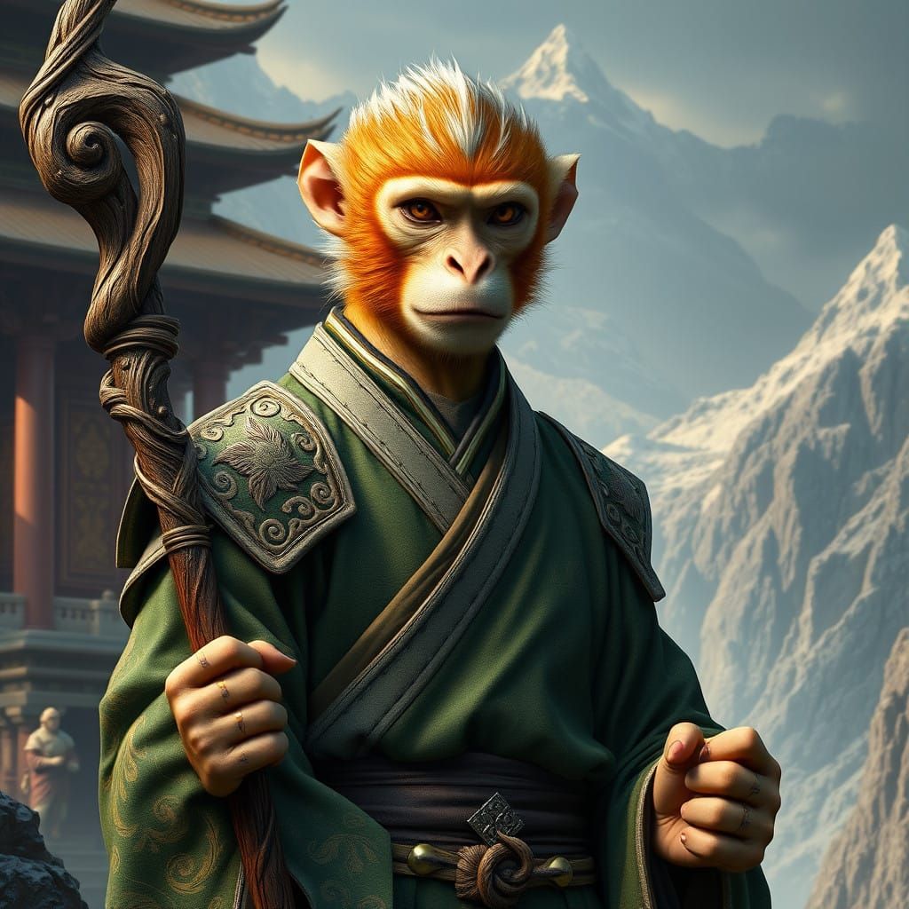 Golden-Brown Monkey Sage in Elegant Mountain Temple Attire