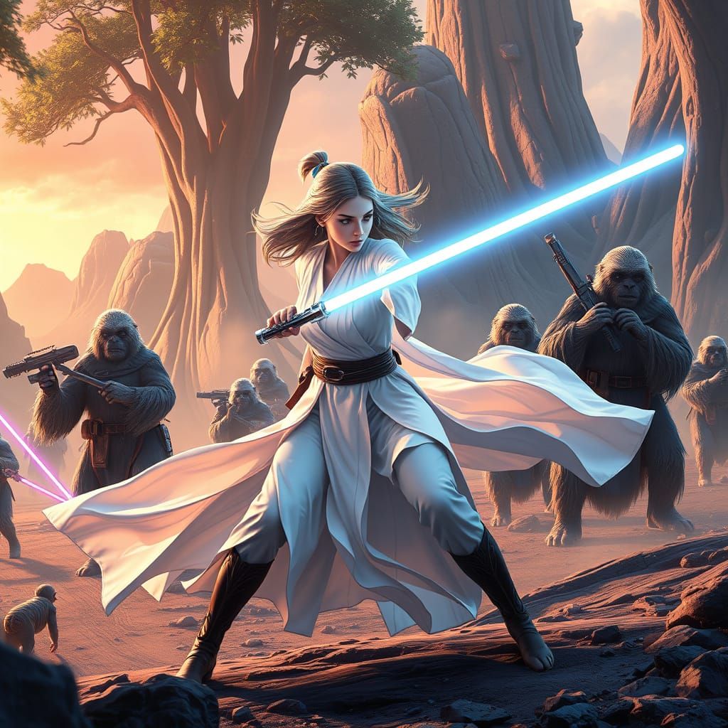 Jedi Battles Droids on Kashyyyk in 3D Anime Style