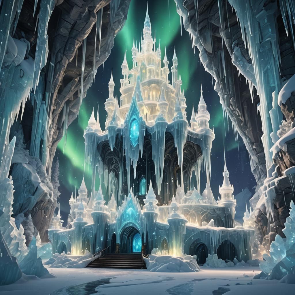 Surreal Ice Palace with Glowing Sculptures, Digital Art
