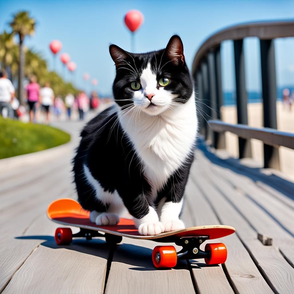Black and White Cat Skateboarding on Boardwalk