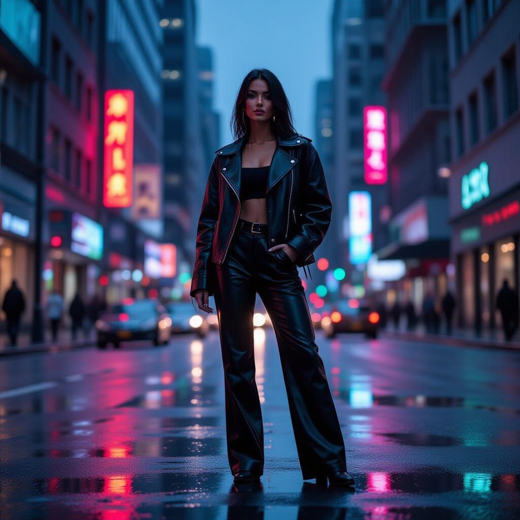 Stylish Woman in Modern Street Fashion at Dusk