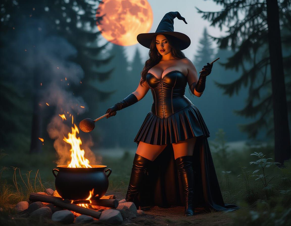 Plus-Size Witch in Leather Amidst Forest and Blood Moon