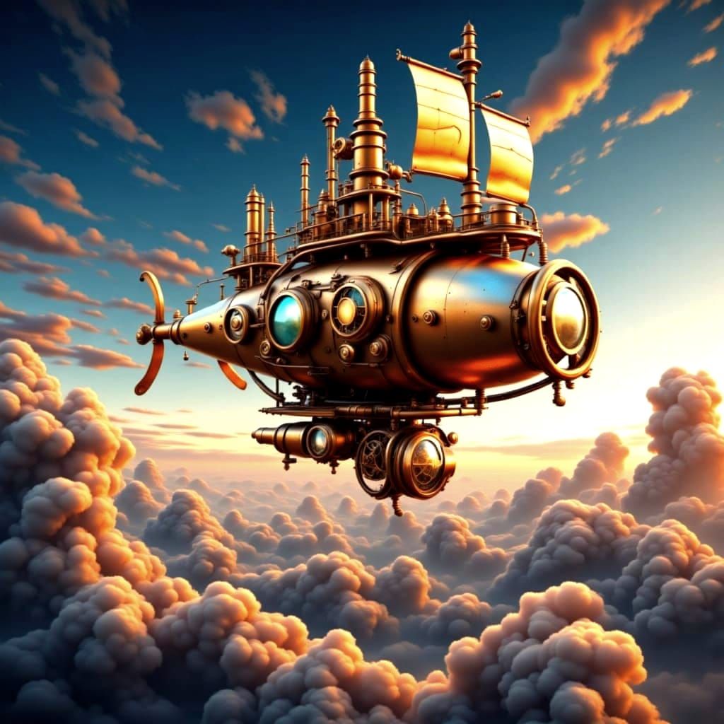Steampunk Airship Soaring Through Sunset Clouds