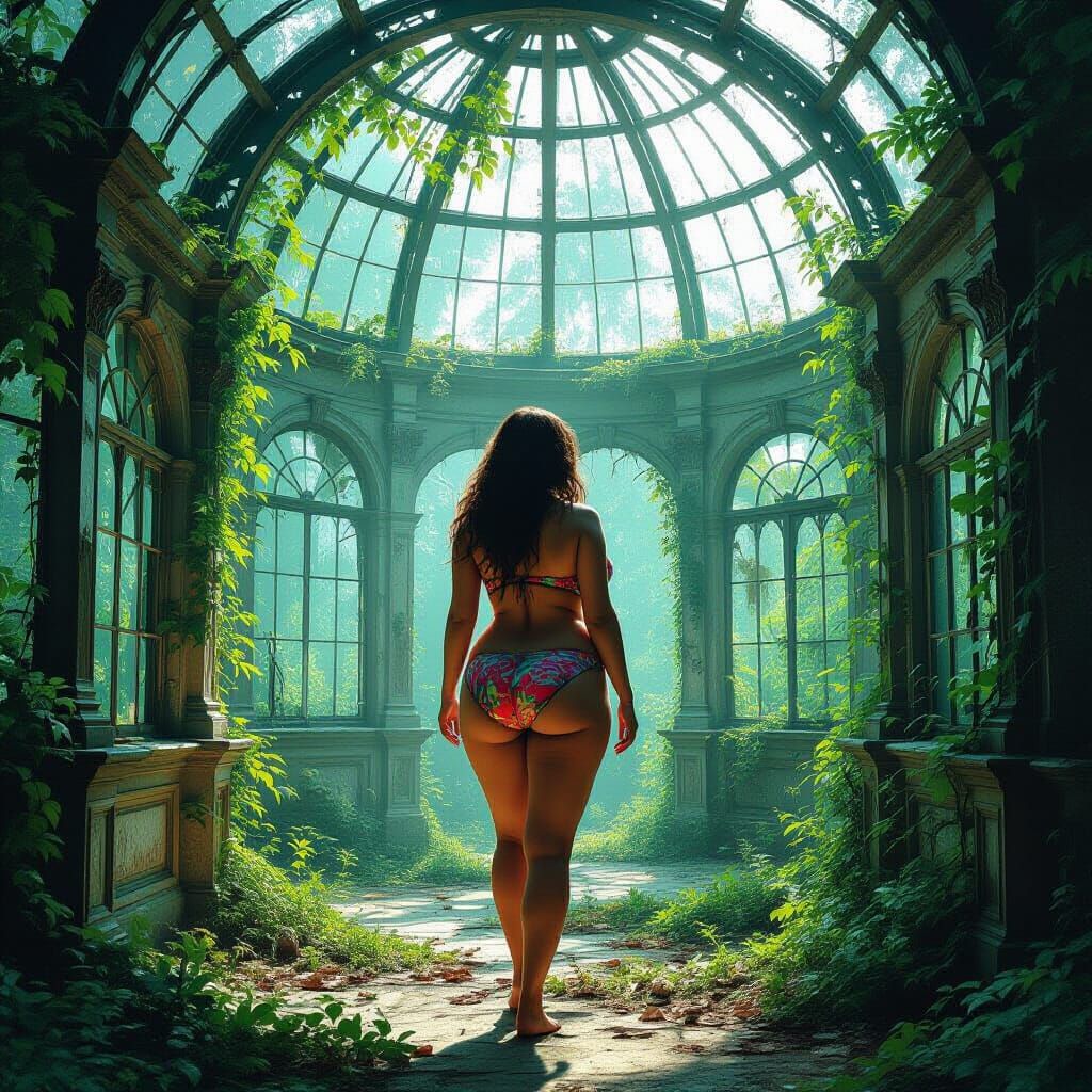Woman in Bikini in Overgrown Victorian Greenhouse Ruins
