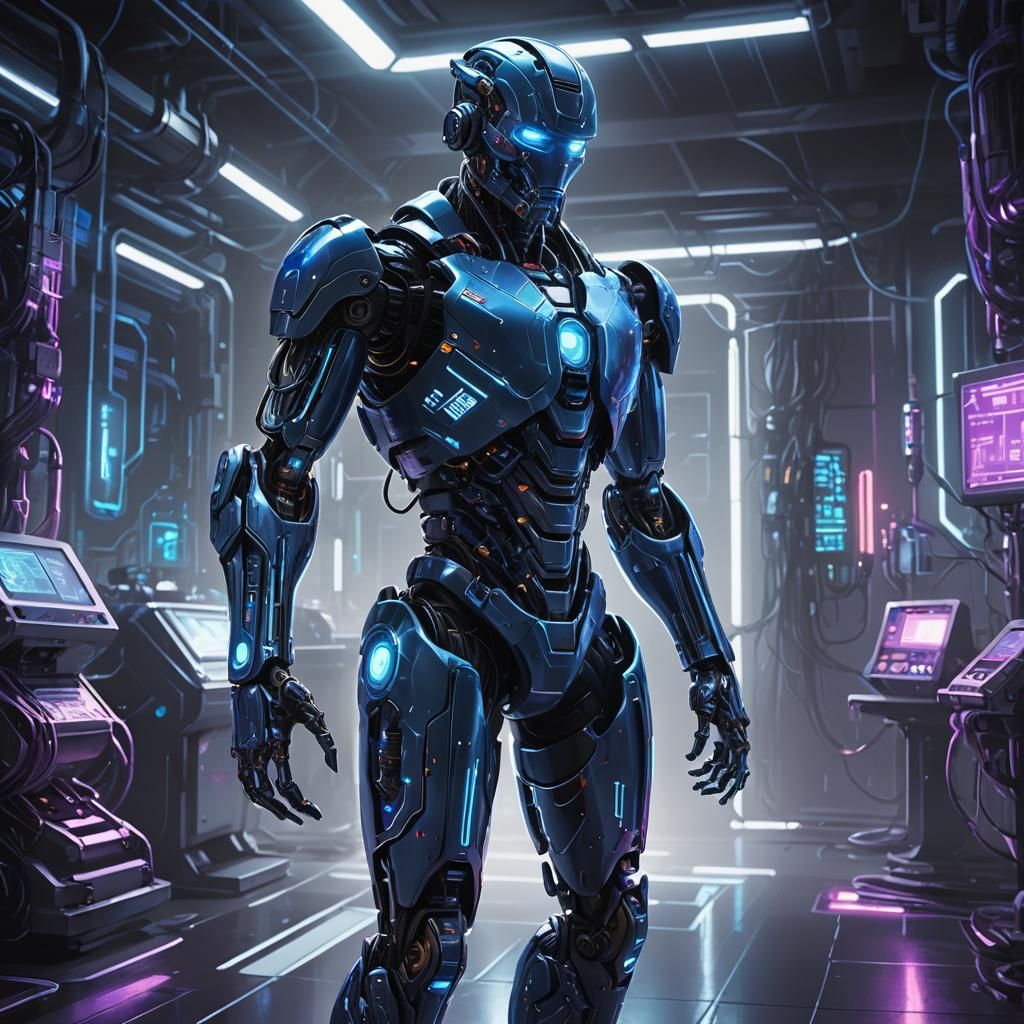 Android in Neon-Infused Sci-Fi Laboratory Concept Art