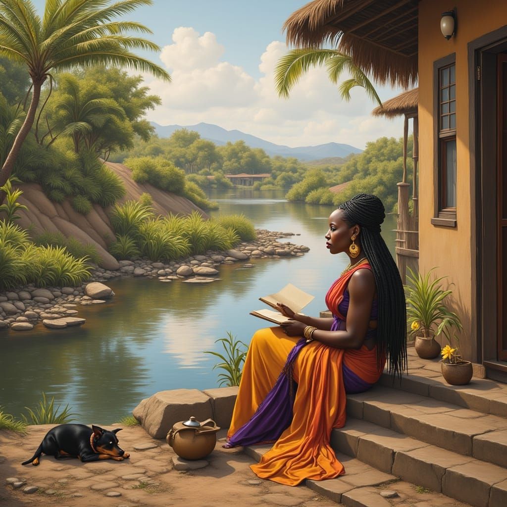 African Woman Reading by River in Soft Light