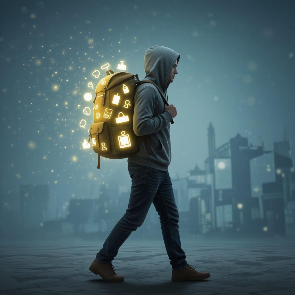 Surreal Traveler Carries Glowing Symbols Backpack
