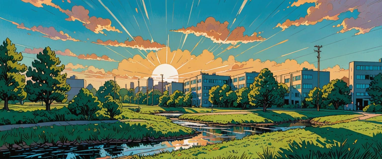 Industrial Park in Comic Book Style Gouache