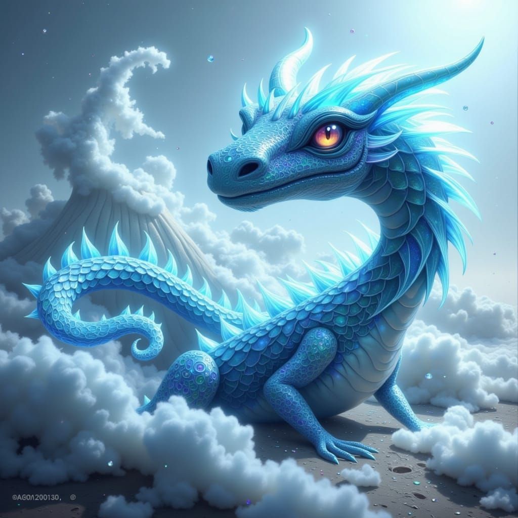 Majestic Light Blue Fae Monster Emerging from Whimsical Mist