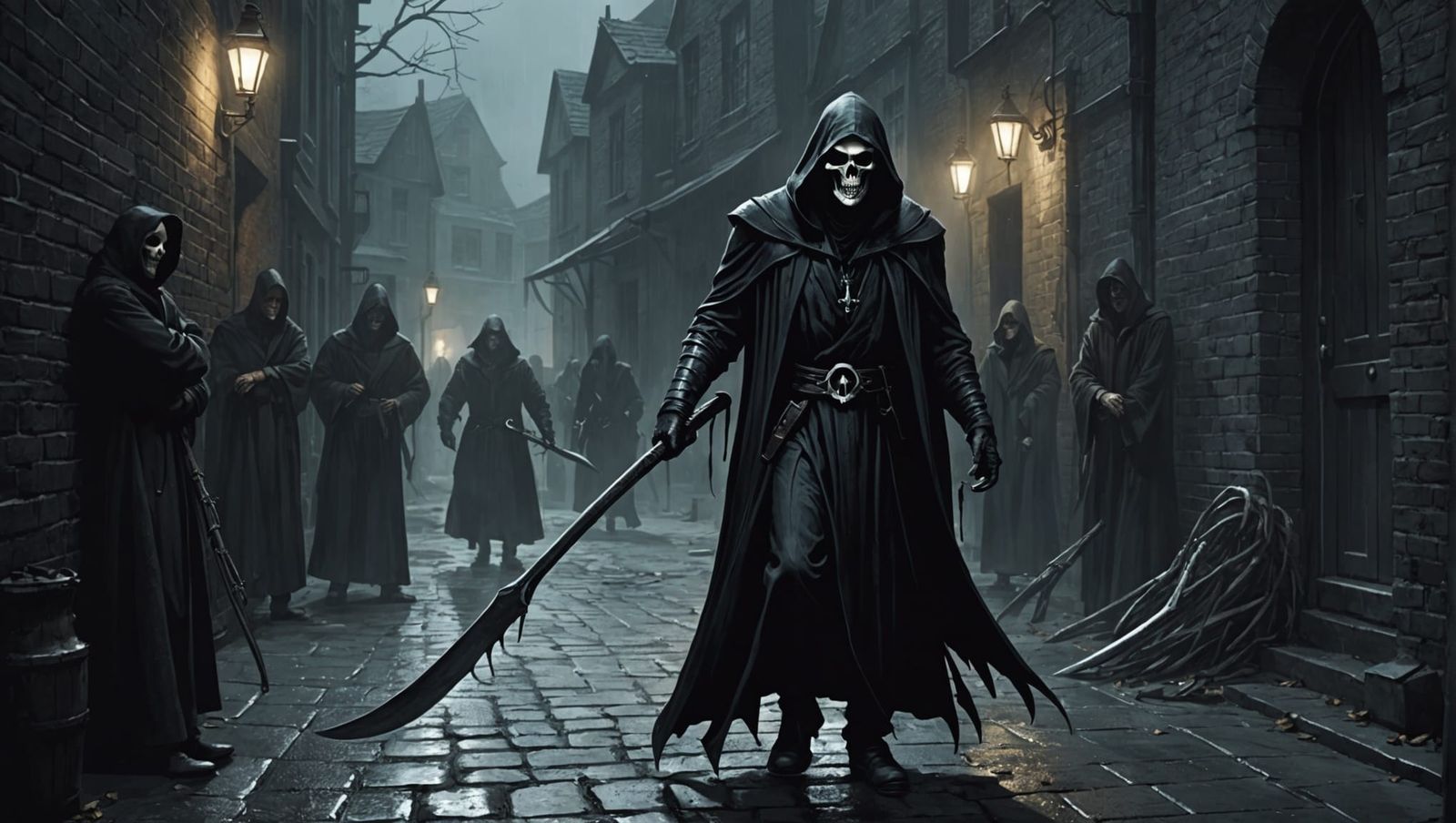 Hideous Grim reaper holding a shiny sharp scythe and smirking as he approaches a group of cowering people in a dark damp...