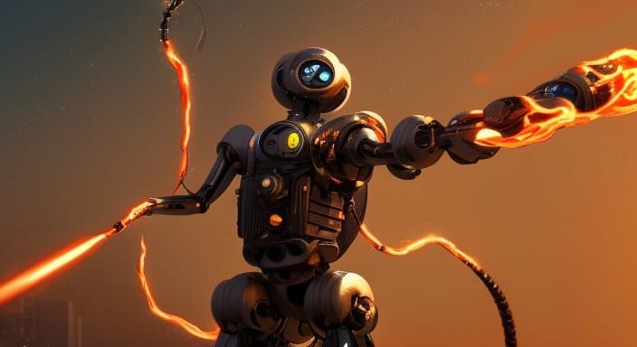 Humanoid Robot with Flamethrower: Detailed Matte Painting