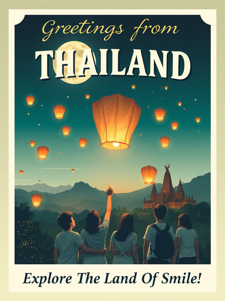 Chiang Mai Thailand Vintage Postcard Illustration