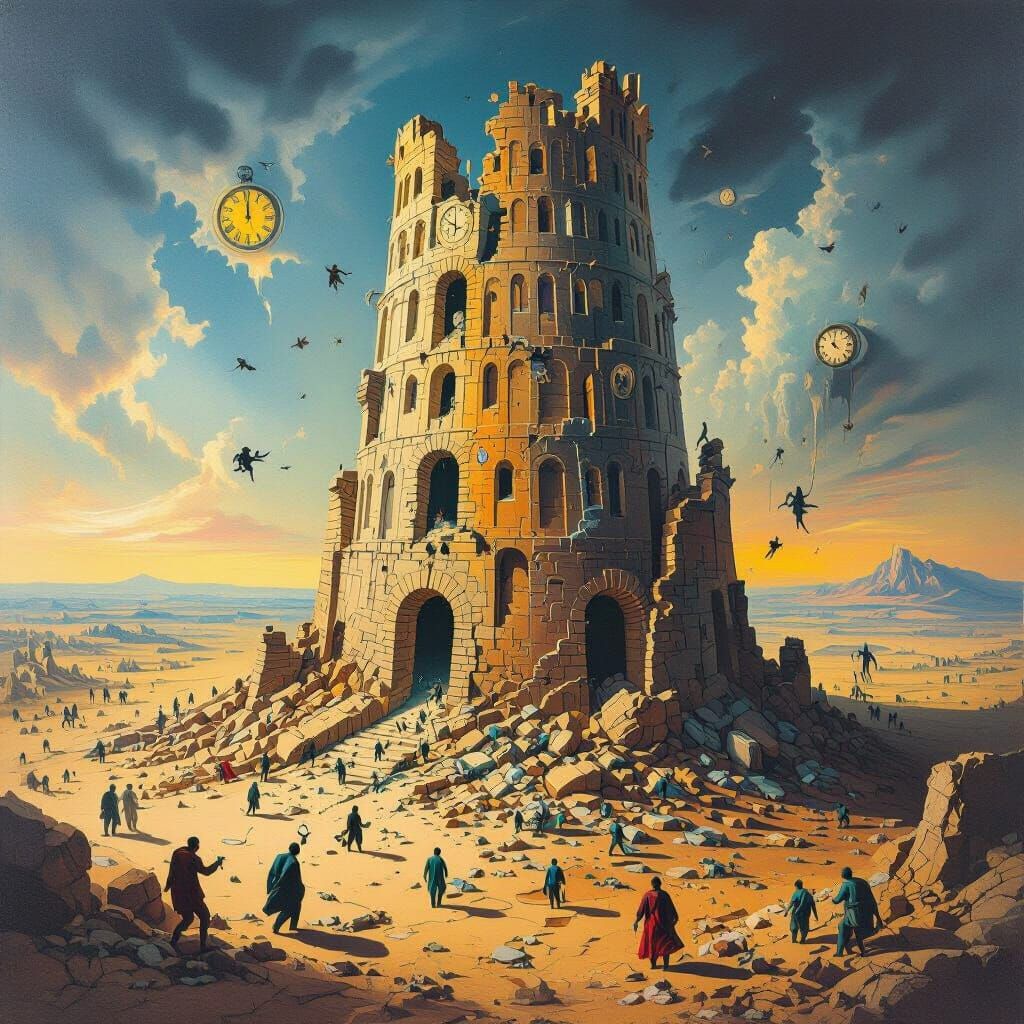 Surrealist Tower of Babel in Ruins