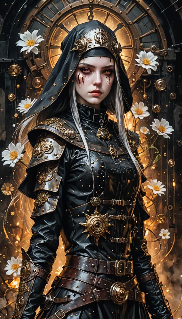 steampunk warrior nun with pale eyes