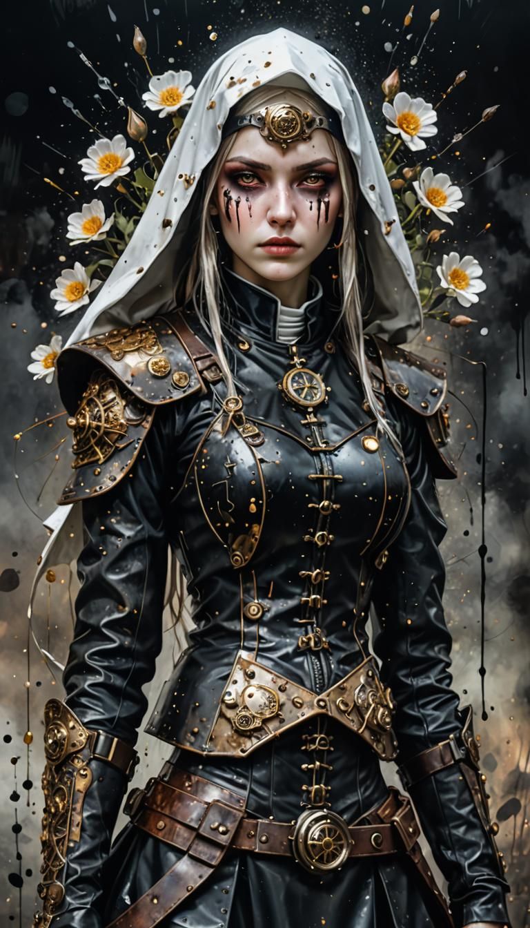 steampunk warrior nun with pale eyes