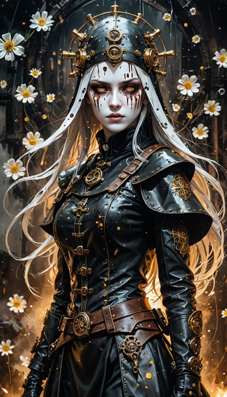 steampunk warrior nun with pale eyes