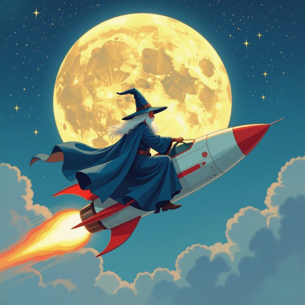Wizard Rocket Soaring Past the Moon as Gouache