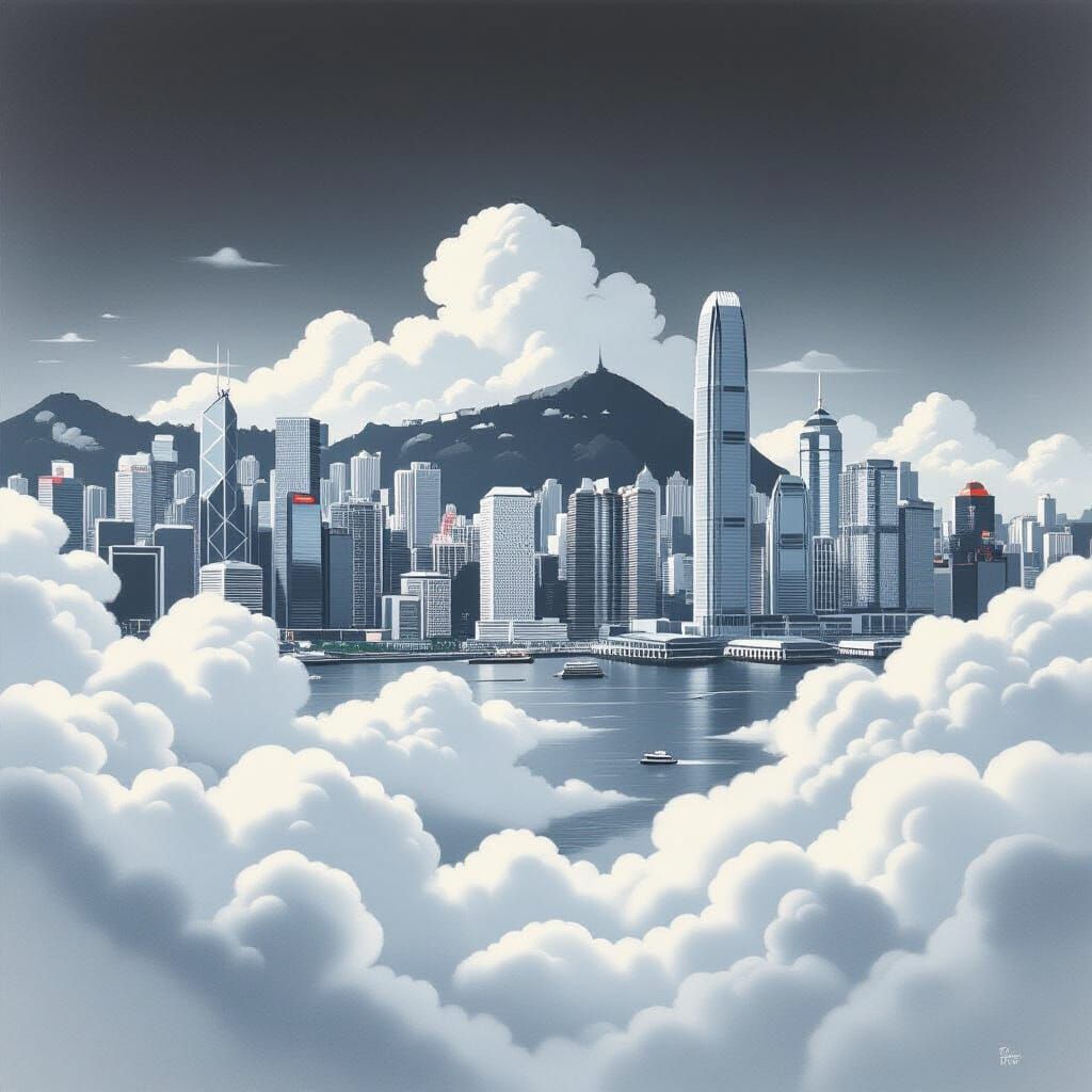 Monochrome Hong Kong Skyline on a Cloud